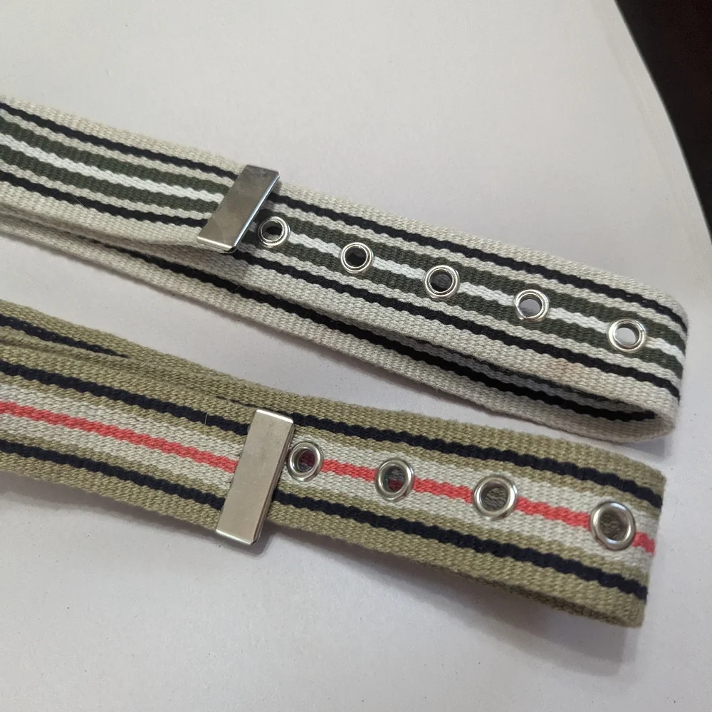 Vintage Preppy Pair Webbed Pinstripe Adj W Silver D Ring Closure Belts OS*